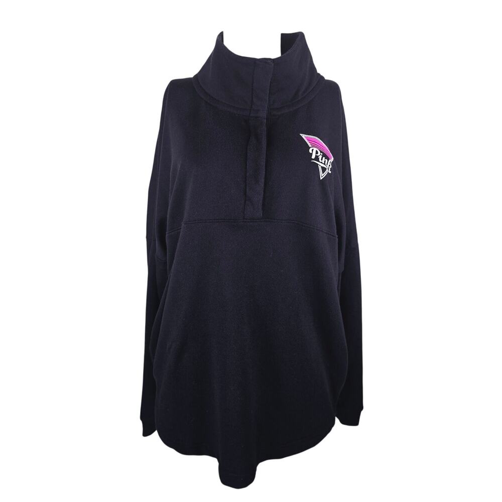 Victoria Secret Pink Black 1/4 Button Up Pockets Logo Back Sweatshirt Women's L